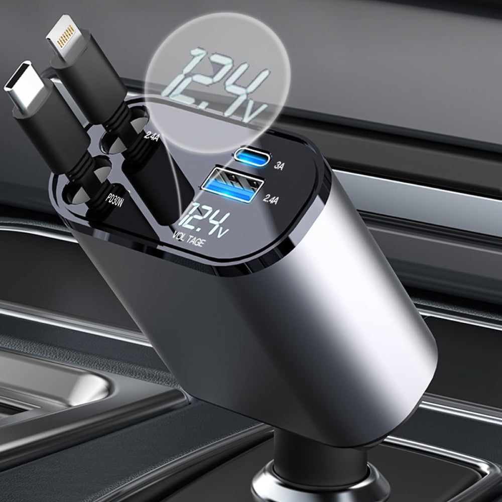 Fast Car Charger With Retractable Cables 4-in-1
