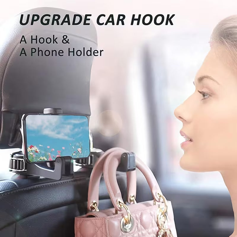 2-Pack Car Seat Hooks with Phone Holder – Universal Backseat Organizer & Storage Hanger for Bags, Wallets & More