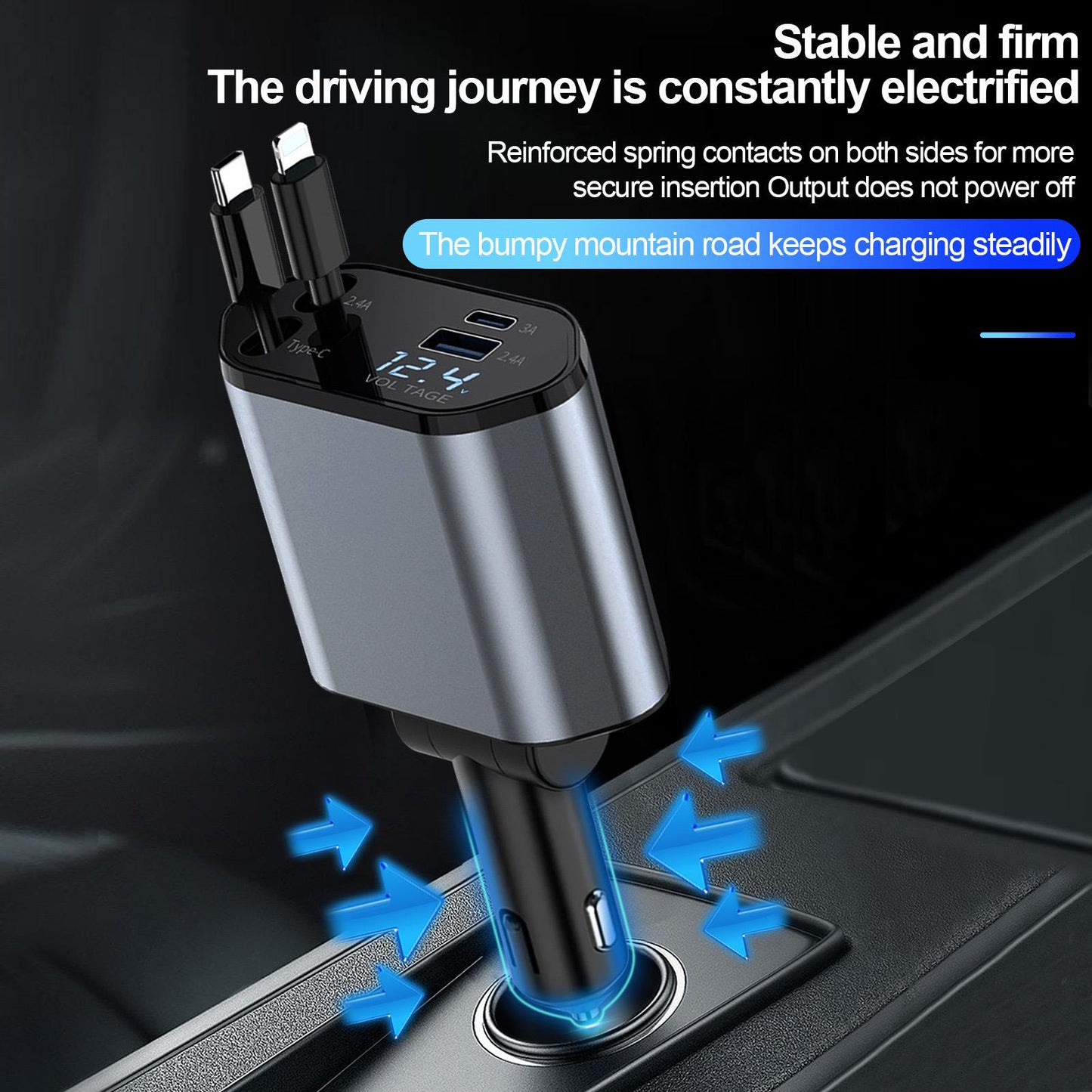 Fast Car Charger With Retractable Cables 4-in-1