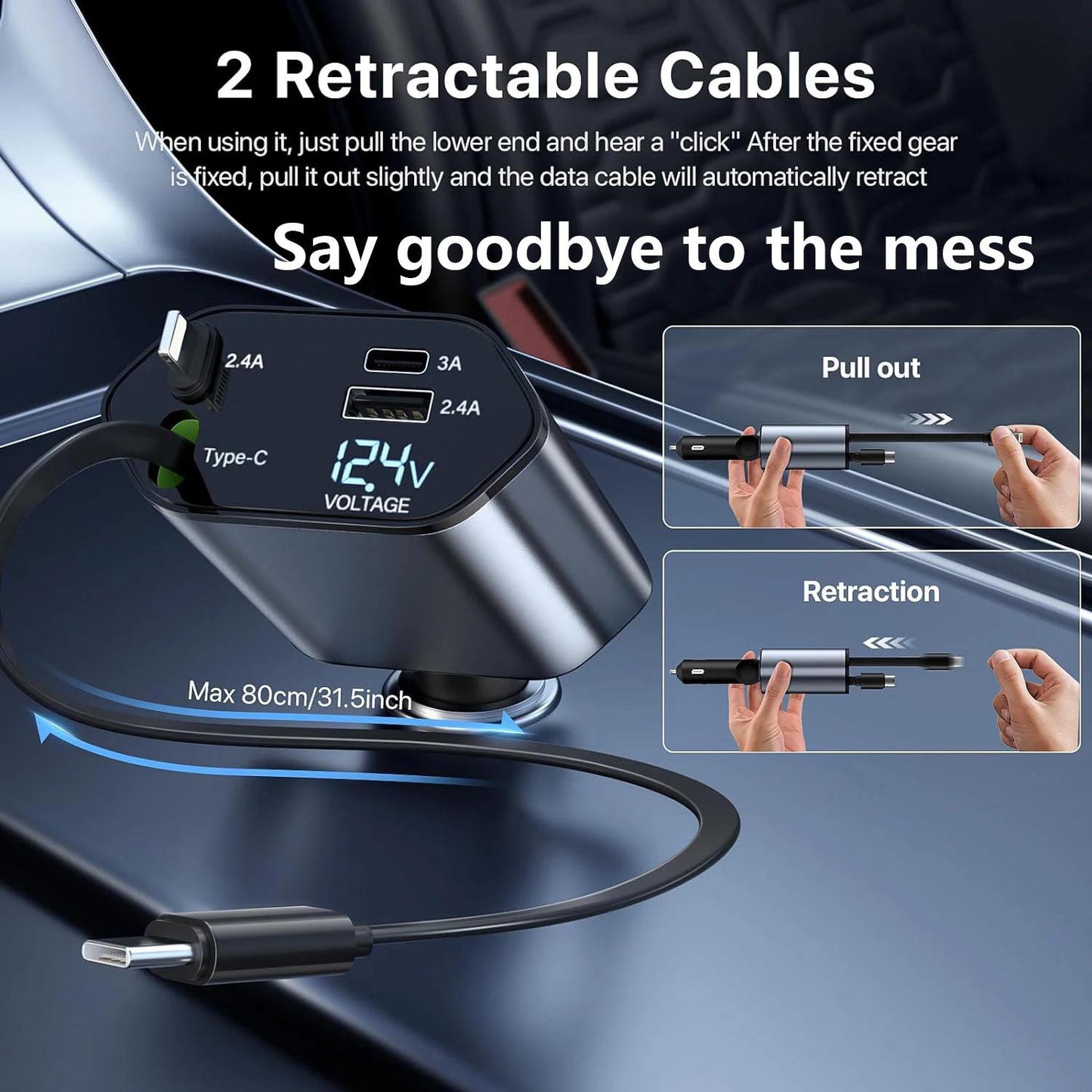 Fast Car Charger With Retractable Cables 4-in-1