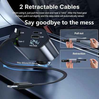 Fast Car Charger With Retractable Cables 4-in-1