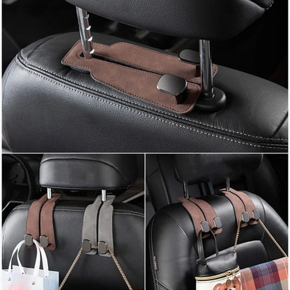 2 in 1 Universal (Two Pcs) Car Phone Holder Headrest Hooks Hanger Clip for Rear Seater Suede Double Hook Storage Auto Interior Accessories
