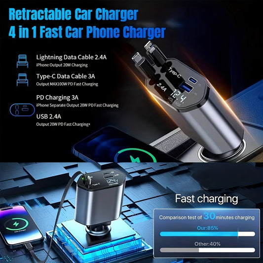 4-in-1 Smart Car Charger with Retractable Cables